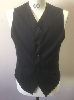 Mens, Vest, JON VALDI, Charcoal Gray, Lt Gray, Wool, Stripes - Pin, C:40", L, 5 Oversized Buttons at Front, Self Belt Detail with Button Closures at Center Back Waist, Lining is Dark Purplish Brown Satin,