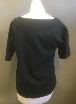 Womens, Top, EILEEN FISHER, Black, Tencel, Nylon, Solid, M, Stretch Ponte, 3/4 Sleeve, Bateau/Boat Neck, Pullover, Oversized Boxy Fit, Vents at Side Hem
