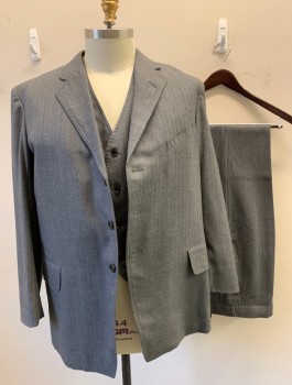 Mens, 1920s Vintage, Suit, Jacket, SIAM COSTUMES MTO, Gray, French Blue, Wool, Herringbone, Stripes - Pin, 46R, Single Breasted, Double Edge-stitched Notched Lapel, 3 Buttons, 3 Pockets,