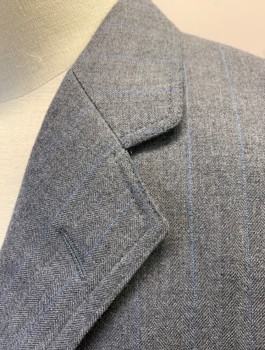 Mens, 1920s Vintage, Suit, Jacket, SIAM COSTUMES MTO, Gray, French Blue, Wool, Herringbone, Stripes - Pin, 46R, Single Breasted, Double Edge-stitched Notched Lapel, 3 Buttons, 3 Pockets,