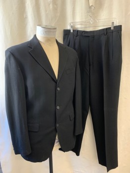 OSCAR DE LA RENTA, Black, Wool, Solid, Notched Lapel, Single Breasted, Button Front, 3 Buttons, 3 Pockets