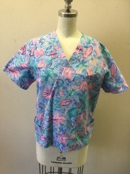 Womens, Scrub Jacket Women, CHEROKEE, Lt Blue, Pink, Turquoise Blue, Purple, Poly/Cotton, Floral, M, Low Cut Button Front, Long Sleeves, Elastic Smocked Cuff, 2 Pockets, Back Waist Tie