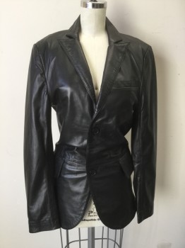 FADCLOSET, Black, Leather, Solid, Leather Blazer, Single Breasted, Collar Attached, Peaked Lapel, 3 Pockets