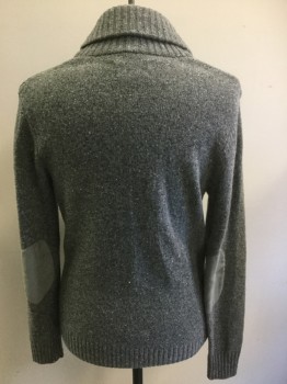 Mens, Cardigan Sweater, PENGUIN, Lt Gray, Black, White, Wool, Nylon, Speckled, 40, Medium, 5 Buttons, Shawl Collar, 2 Patch Pockets, Microfiber Elbow Patches
