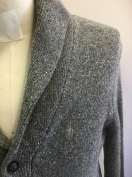 Mens, Cardigan Sweater, PENGUIN, Lt Gray, Black, White, Wool, Nylon, Speckled, 40, Medium, 5 Buttons, Shawl Collar, 2 Patch Pockets, Microfiber Elbow Patches