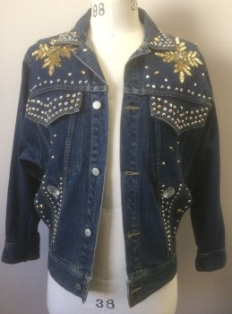 Mens, Jean Jacket, FREEGO, Denim Blue, Gold, Silver, Cotton, Rhinestones, C <44", S, Bedazzled Denim Jacket with Silver and Gold Studs, Clear Rhinestones Throughout, Gold Sequinned Floral Appliqués at Shoulders, Button Front, Collar Attached,