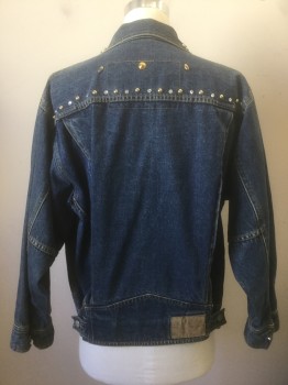 Mens, Jean Jacket, FREEGO, Denim Blue, Gold, Silver, Cotton, Rhinestones, C <44", S, Bedazzled Denim Jacket with Silver and Gold Studs, Clear Rhinestones Throughout, Gold Sequinned Floral Appliqués at Shoulders, Button Front, Collar Attached,