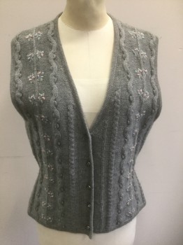 FISHER HILL, Gray, Wool, Cable Knit, Floral, Tiny Pastel Pink Flowers, V-neck, 5 Silver Metal Buttons at Front