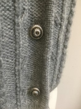 FISHER HILL, Gray, Wool, Cable Knit, Floral, Tiny Pastel Pink Flowers, V-neck, 5 Silver Metal Buttons at Front
