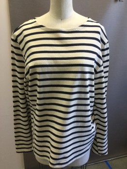 Womens, Top, JCREW, Off White, Navy Blue, Cotton, Stripes, L, Boat Neck, Long Sleeves, Pull Over