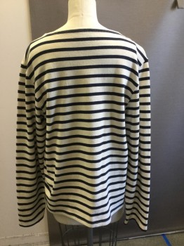 Womens, Top, JCREW, Off White, Navy Blue, Cotton, Stripes, L, Boat Neck, Long Sleeves, Pull Over