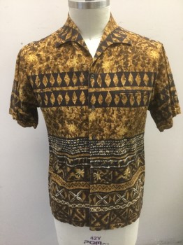 MC INERNY, Brown, Ochre Brown-Yellow, Espresso Brown, Cotton, Geometric, Hawaiian Print, Shades of Brown and Ochre Geometric Tiki Pattern, Short Sleeve Button Front, Collar Attached, 1 Welt Pocket,