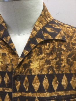 MC INERNY, Brown, Ochre Brown-Yellow, Espresso Brown, Cotton, Geometric, Hawaiian Print, Shades of Brown and Ochre Geometric Tiki Pattern, Short Sleeve Button Front, Collar Attached, 1 Welt Pocket,