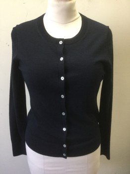 BANANA REPUBLIC, Navy Blue, Wool, Solid, Dark Navy, Lightweight Knit, Long Sleeves, 8 Gray Buttons at Front, Scoop Neck