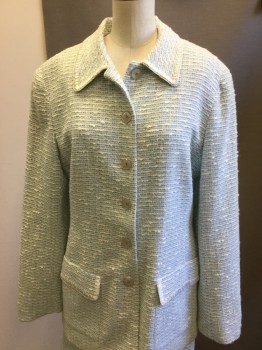 Womens, Suit, Jacket, NOVIELLO BLOOM, Baby Blue, Blue, White, Silk, 2 Color Weave, Check , 8, Peaked Lapel, Bf, Flap Pockets, White Top Stitch on Collar/flaps, Light Blue/blue/white Weave, Boucle