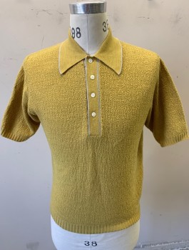 LORD & TAYLOR, Dijon Yellow, Acrylic, Nylon, Solid, Short Sleeved Polo, Bumpy Textured Knit, Light Gray Edges/Accents, Collar Attached, 4 Buttons, **Small Hole Near Button Placket