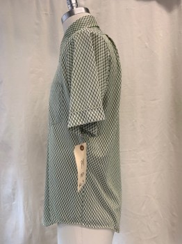 NO LABEL, Mint Green, Olive Green, Synthetic, Geometric, Hexagon Print, Button Front, Collar Attached, Short Sleeves, 1 Pocket (hole in Back Right)