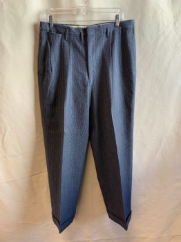 Mens, 1940s Vintage, Suit, Pants, CURLEE CLOTHES, Gray, Navy Blue, Lt Blue, Wool, Stripes, L30, W34, Pleated Front, Zip Fly, 5 Pockets, Cuffed Hem, MULTIPLE