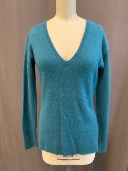 Womens, Pullover, HALOGEN, Teal Blue, Cashmere, Solid, XS, V-neck, High-Low Hem, Ribbed Knit Neck/Cuff/Waistband