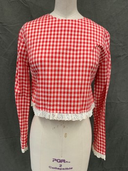 JUNIORITE, Red, White, Cotton, Check , Short Top, Long Sleeves, Button Back, White Eyelet Ruffle Hem/Cuff,