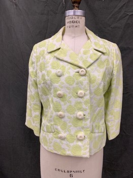 Womens, 1960s Vintage, Suit, Jacket, N/L, Lime Green, White, Silk, Rayon, Floral, 10, Floral Brocade, Double Breasted, White Thick Thread Wrapped Buttons, Collar Attached, Notched Lapel, 2 Faux Pockets, 3/4 Sleeve, Button Tab Back Waist,