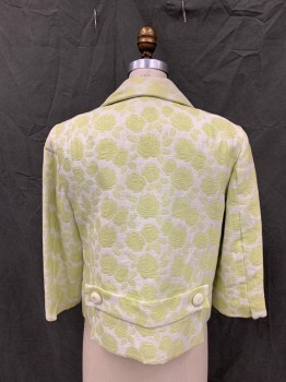 Womens, 1960s Vintage, Suit, Jacket, N/L, Lime Green, White, Silk, Rayon, Floral, 10, Floral Brocade, Double Breasted, White Thick Thread Wrapped Buttons, Collar Attached, Notched Lapel, 2 Faux Pockets, 3/4 Sleeve, Button Tab Back Waist,