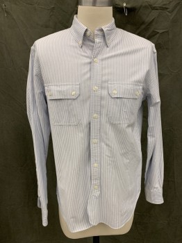 BROOKS BROTHERS, Denim Blue, White, Cotton, Stripes - Vertical , Button Front, Button Down Collar, 2 Flap Patch Pockets, Long Sleeves, Button Cuff