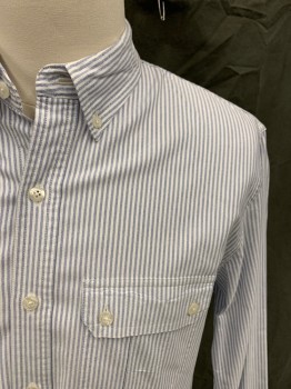 BROOKS BROTHERS, Denim Blue, White, Cotton, Stripes - Vertical , Button Front, Button Down Collar, 2 Flap Patch Pockets, Long Sleeves, Button Cuff