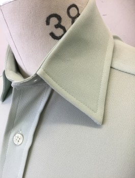 MONTGOMERY WARD, Mint Green, Polyester, Solid, Stretchy Material, Long Sleeve Button Front, Collar Attached, 1 Patch Pocket, **Stain on Back of Sleeve