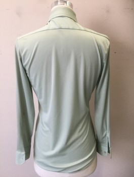 MONTGOMERY WARD, Mint Green, Polyester, Solid, Stretchy Material, Long Sleeve Button Front, Collar Attached, 1 Patch Pocket, **Stain on Back of Sleeve