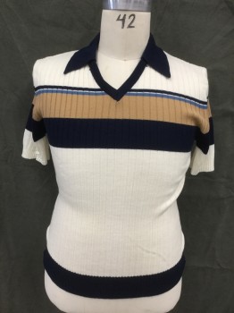 Mens, Sweater, ENRO, White, Navy Blue, Camel Brown, Lt Blue, Acrylic, Stripes, L, Ribbed Knit, Pullover, Polo-Style, Ribbed Knit, Short Sleeves, Stripes Across Chest/Sleeves, Solid Navy Ribbed Knit Collar Attached, Solid Navy V-neck/Waistband,late 70's Early 1980's