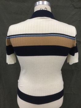 Mens, Sweater, ENRO, White, Navy Blue, Camel Brown, Lt Blue, Acrylic, Stripes, L, Ribbed Knit, Pullover, Polo-Style, Ribbed Knit, Short Sleeves, Stripes Across Chest/Sleeves, Solid Navy Ribbed Knit Collar Attached, Solid Navy V-neck/Waistband,late 70's Early 1980's