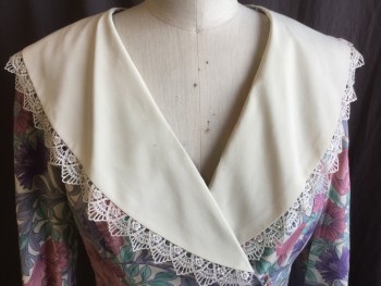 BGB LTD., Cream, Pink, Purple, Teal Green, Lavender Purple, Rayon, Floral, 3/4 Sleeves, Large Cream Shawl Collar, Double Breasted With Pearl Buttons, Pleated Skirt, Smocking At Back Waist, Hem Below Knee