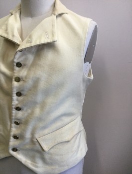 Mens, Historical Fiction Vest, N/L, Cream, Cotton, Solid, 46, Military Uniform Vest, Brushed Twill, Stand Collar, 2 Batwing Pockets, Gold Metal Anchor Buttons, Self Twill Ties in Back, Aged, Made To Order Late 1700's Early 1800's Reproduction