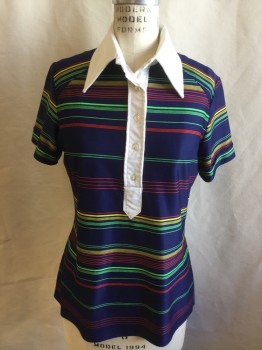 LADY ARROW, Navy Blue, Red, Yellow, Green, White, Polyester, Stripes - Horizontal , Polo Style, Solid White Collar Attached and Placket Front, 5 Button Front, Raglan Seams, Raw Hem