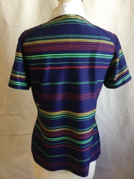 LADY ARROW, Navy Blue, Red, Yellow, Green, White, Polyester, Stripes - Horizontal , Polo Style, Solid White Collar Attached and Placket Front, 5 Button Front, Raglan Seams, Raw Hem