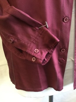 SURPRISE, Maroon Red, Silk, Solid, Collar Attached, Button Front, 2 Pockets, Long Sleeves, Side Split Hem