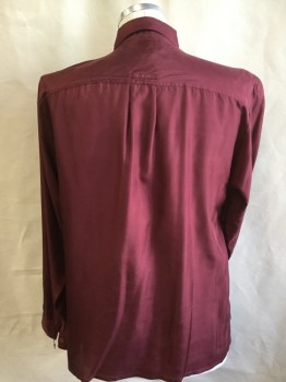 SURPRISE, Maroon Red, Silk, Solid, Collar Attached, Button Front, 2 Pockets, Long Sleeves, Side Split Hem