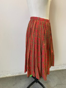 Womens, Skirt, MODERN JUNIORS, Red, Tan Brown, Olive Green, Cotton, Floral, Stripes - Vertical , W 28, Side Zipper, Pleated, Below Knee Length