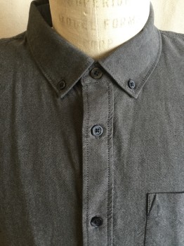 VANS, Charcoal Gray, Slate Blue, Cotton, Heathered, Heather Slate Blue Inside Collar Attached, Placket Button Front, and Side Curved Hem, Button Down, 1 Pocket, Short Sleeves