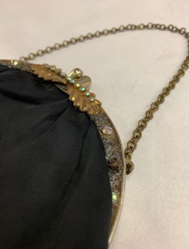 Womens, Purse, N/L, Black, Gold, Silk, Metallic/Metal, Solid, with Gold Metal Clasp and Chain, Gold Leaf Detail at Opening with Silver Rhinestones, Mustard Faille Lining,