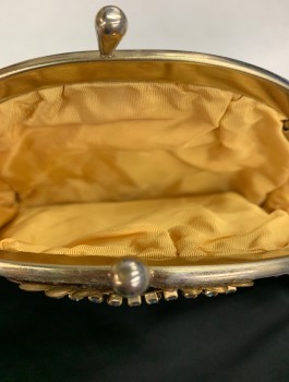 Womens, Purse, N/L, Black, Gold, Silk, Metallic/Metal, Solid, with Gold Metal Clasp and Chain, Gold Leaf Detail at Opening with Silver Rhinestones, Mustard Faille Lining,