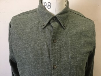GH BASS & CO, Olive Green, Cotton, Polyester, Heathered, Button Front, Button Down Collar Attached, Long Sleeves, 1 Pocket,