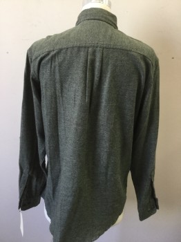GH BASS & CO, Olive Green, Cotton, Polyester, Heathered, Button Front, Button Down Collar Attached, Long Sleeves, 1 Pocket,