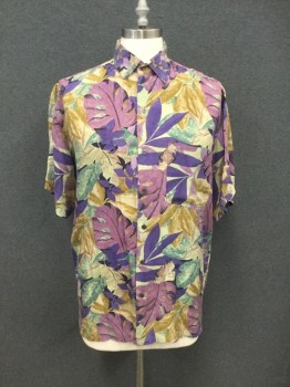 ROBERT STOCK, Purple, Lt Green, Teal Green, Olive Green, Silk, Floral, Button Front, Collar Attached, Short Sleeves, 1 Pocket
