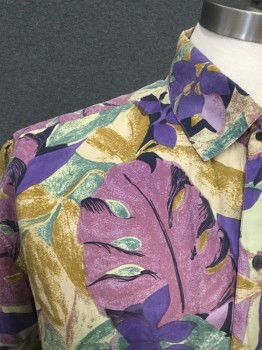 ROBERT STOCK, Purple, Lt Green, Teal Green, Olive Green, Silk, Floral, Button Front, Collar Attached, Short Sleeves, 1 Pocket