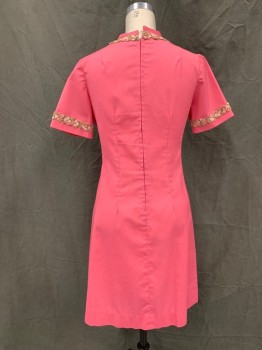 N/L, Hot Pink, Cotton, Solid, Slit V-neck, Band Collar, Short Sleeves, Green/Pink/Light Pink Floral Passementerie Detail at Collar/Cuff/Center Front, Zip Back,