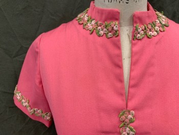 N/L, Hot Pink, Cotton, Solid, Slit V-neck, Band Collar, Short Sleeves, Green/Pink/Light Pink Floral Passementerie Detail at Collar/Cuff/Center Front, Zip Back,