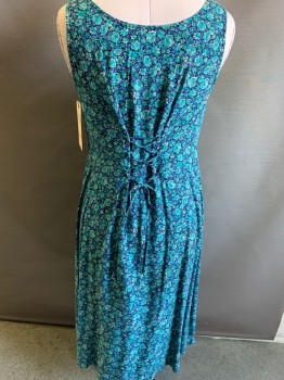 N/L, Black, Turquoise Blue, Purple, Cream, Rayon, Floral, Scoop Neck, Sleeveless, Lace Up Back, Ankle Length,