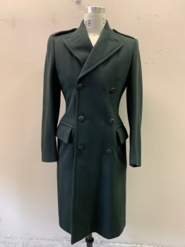Mens, Coat, JOSEF FREED CLOTHING, Forest Green, Wool, Solid, 36, Double Breasted, Collar Attached, Peaked Lapel, Epaulets, Pocket, Long Sleeves, 1969